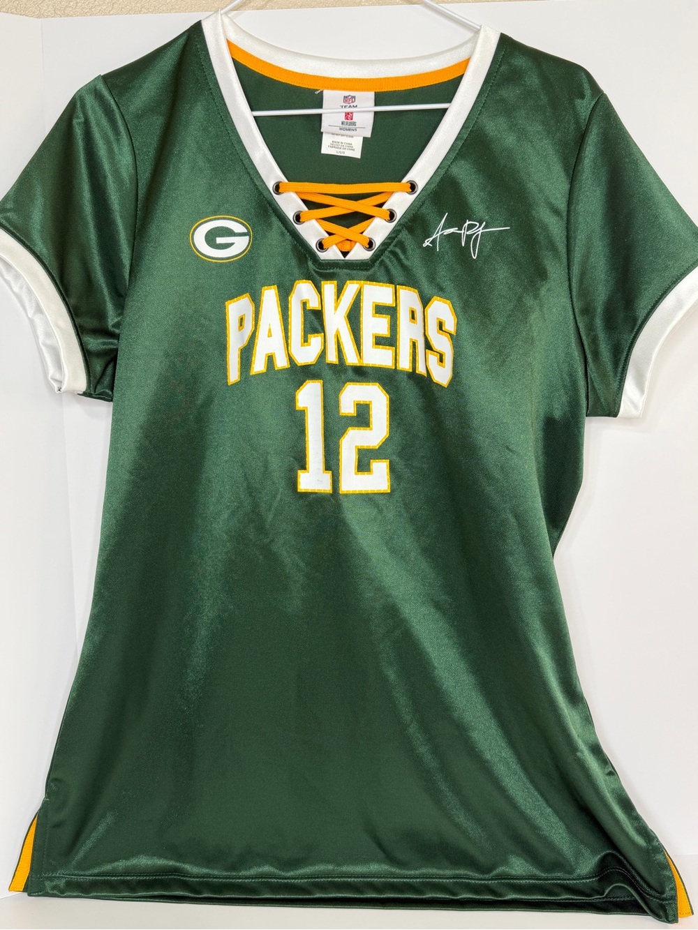 NFL Green Packers Lace-Up Women's Jersey Top with White & Gold Accents